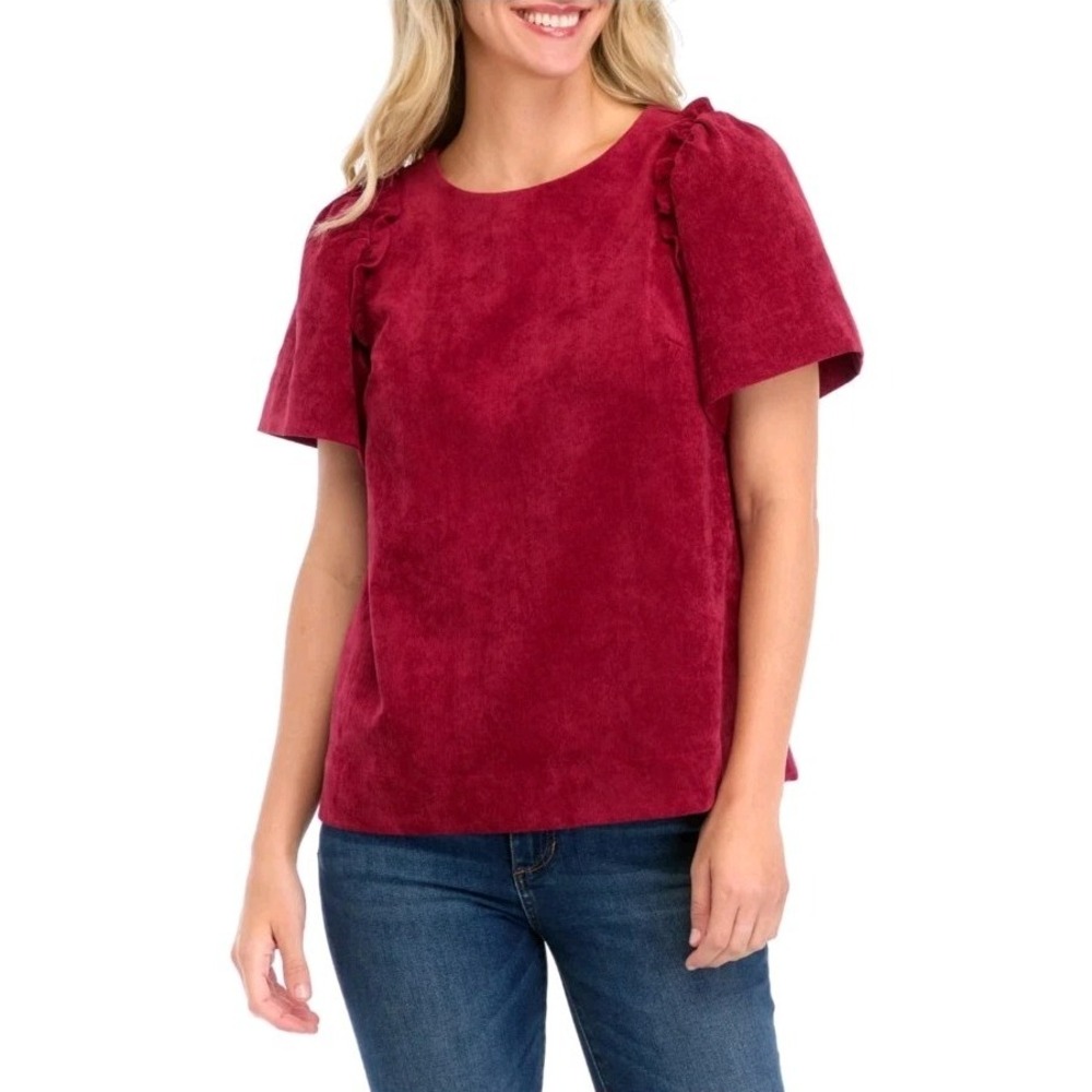 Crown & Ivy Women's Puff Sleeve Corded Top Cranberry Size‎ S
